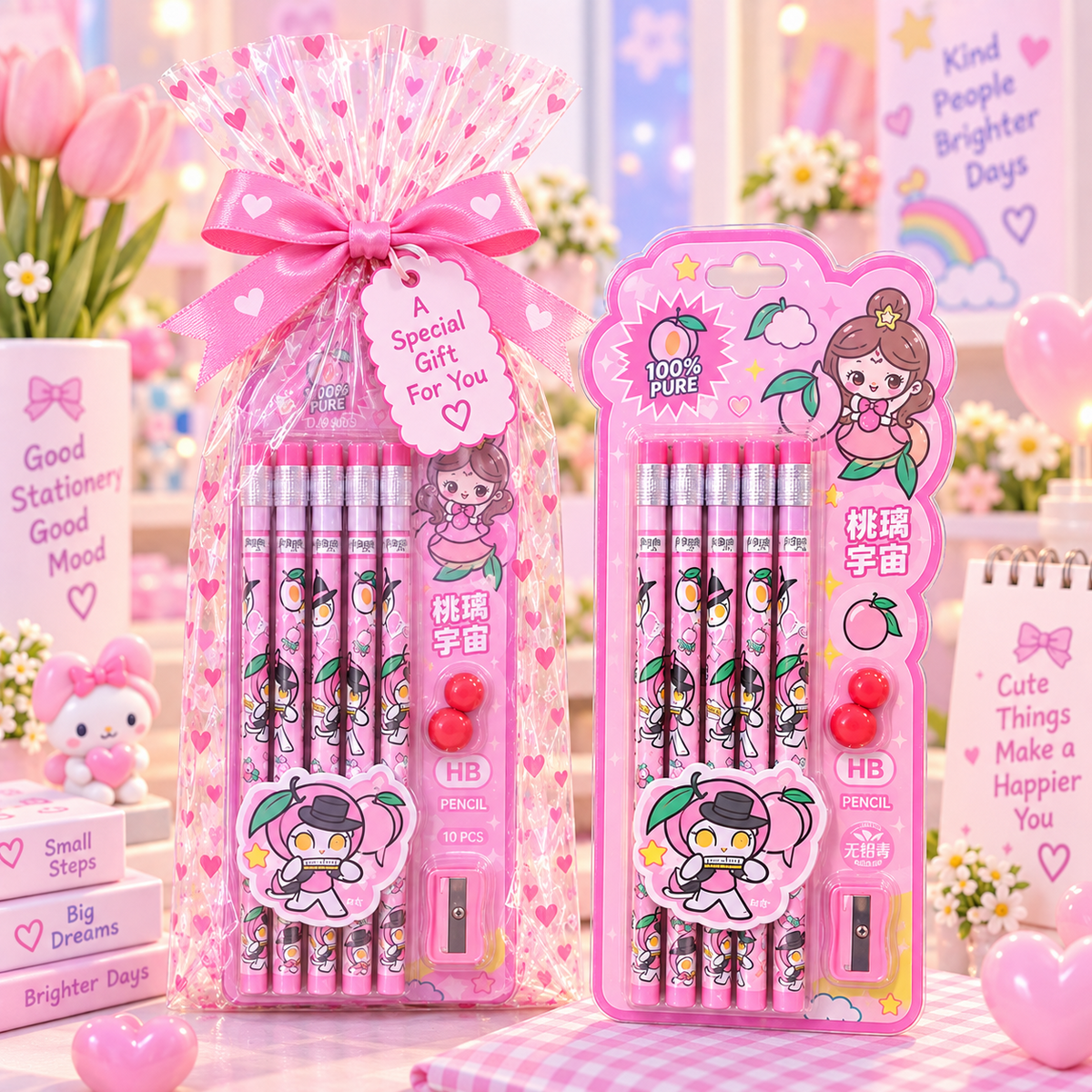 Cute 10 piece HB pencil set peach character premium gift packaging