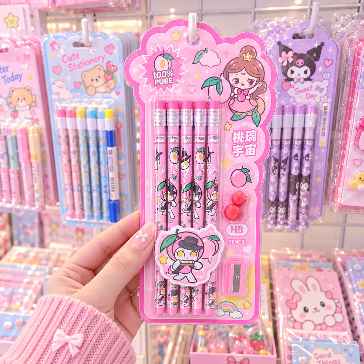Cute 10 piece HB pencil set peach character design hero