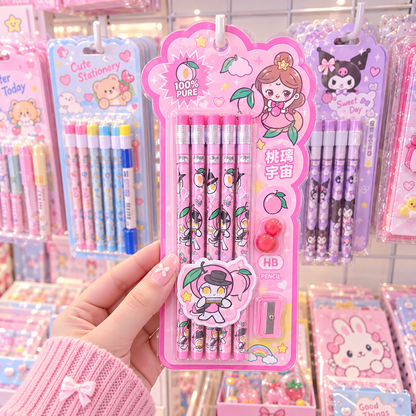 Cute 10 piece HB pencil set peach character design hero