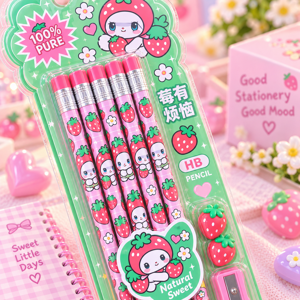 Cute 10 piece HB pencil set strawberry character close-up