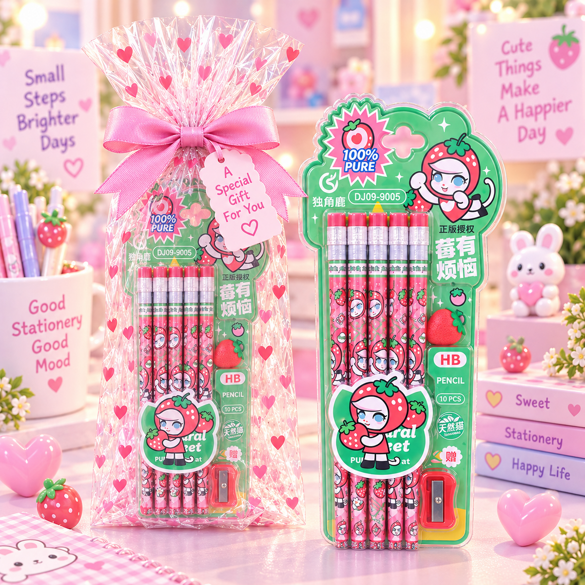 Cute 10 piece HB pencil set strawberry character premium gift packaging