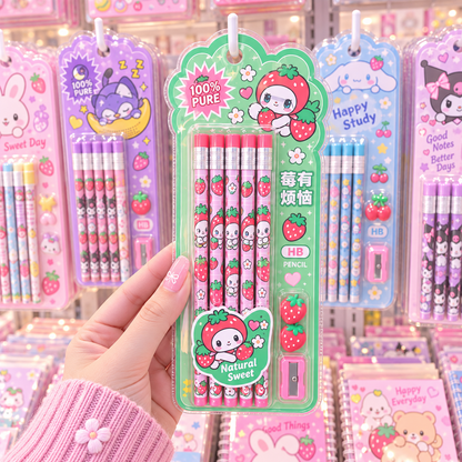 Cute 10 piece HB pencil set strawberry character hero