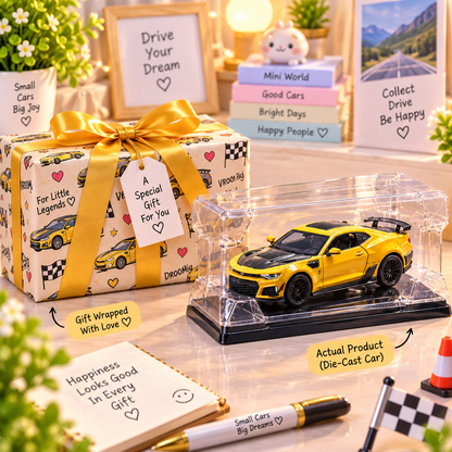 Yellow die-cast sports car in premium display case