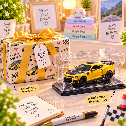 Yellow die-cast sports car in premium display case