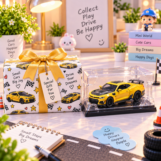 Yellow die-cast sports car gift presentation