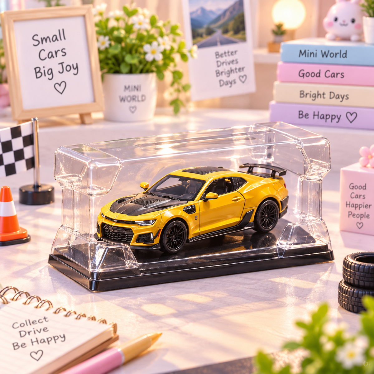 Yellow die-cast sports car side view in display case