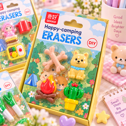 DIY camping erasers close-up 3D stationery product