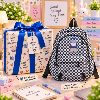 Kawaii black and white checkered puppy backpack gift packaging