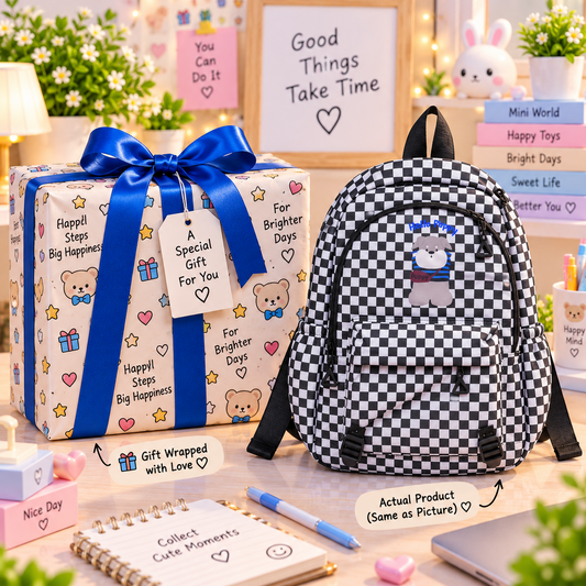 Kawaii black and white checkered puppy backpack gift packaging
