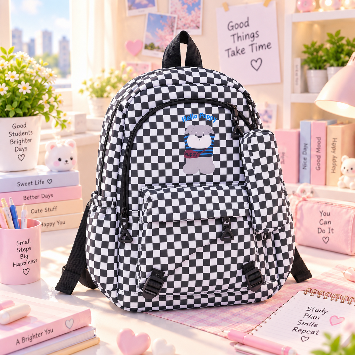 Black & White Checkered Puppy kawaii backpack — product image 2