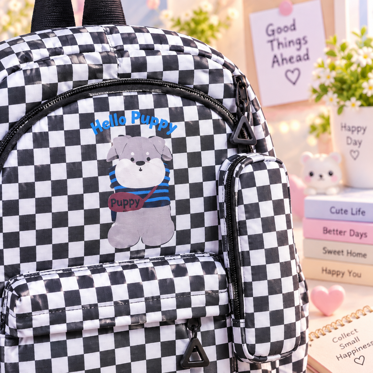 Kawaii black and white checkered puppy backpack detail
