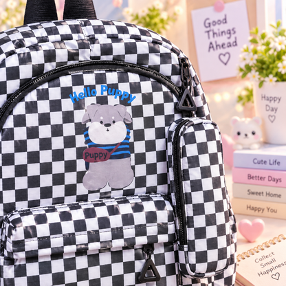 Kawaii black and white checkered puppy backpack detail