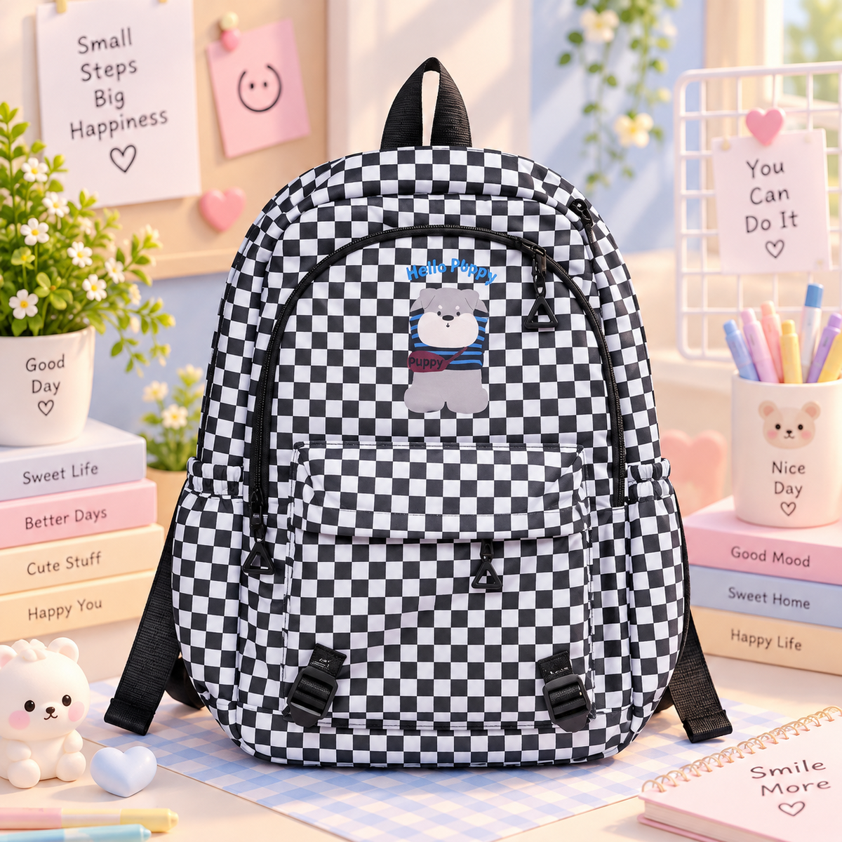 Kawaii black and white checkered puppy backpack front view