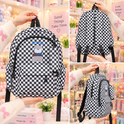 Kawaii black and white checkered puppy backpack lifestyle view