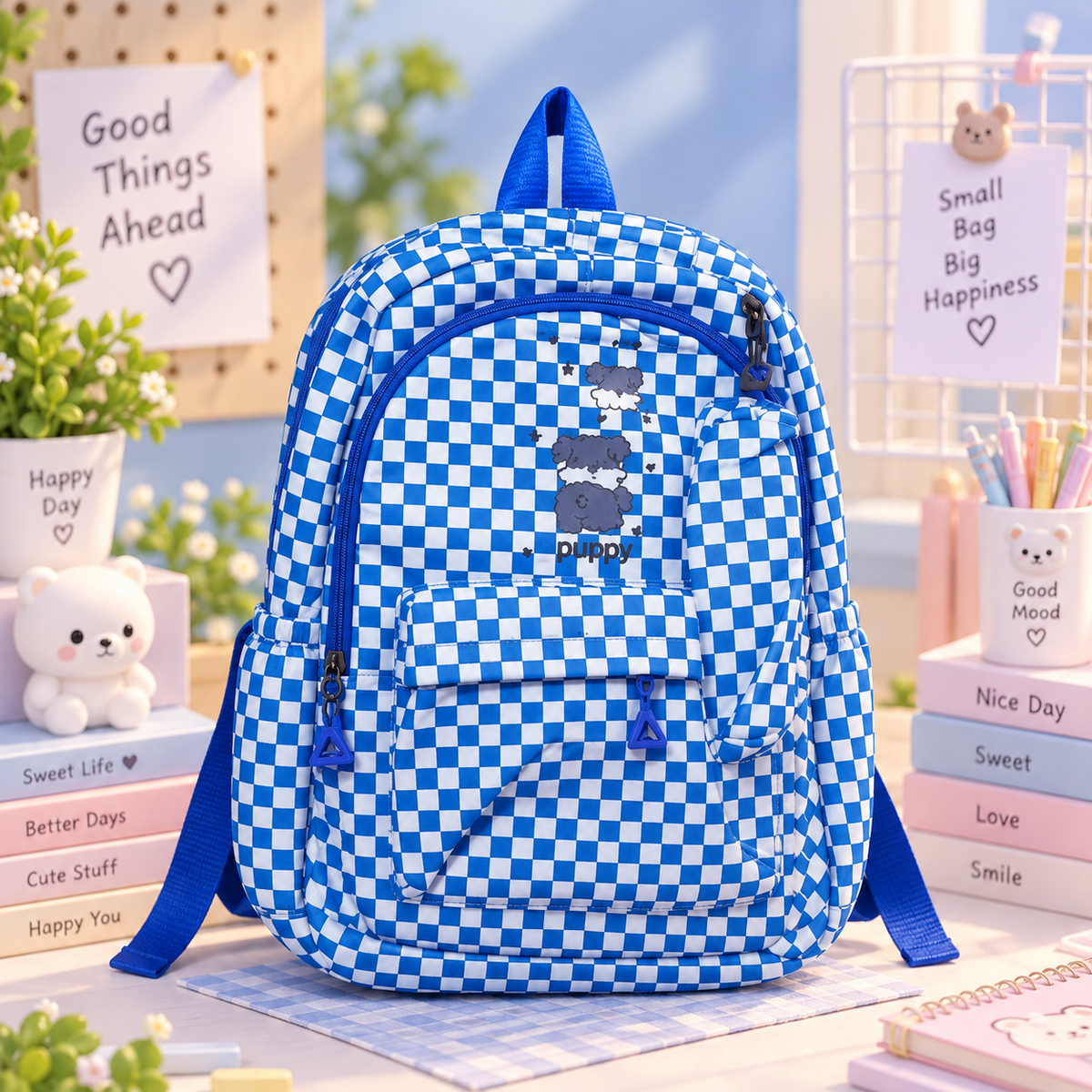 Blue checkered kawaii backpack front view