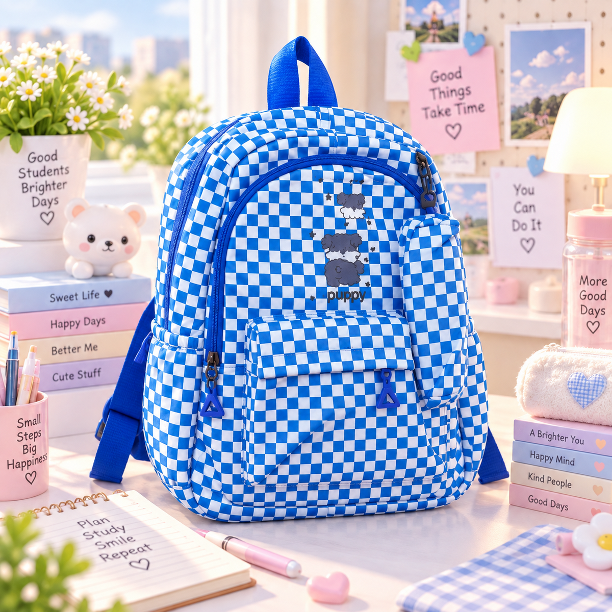 Blue checkered kawaii backpack main product image