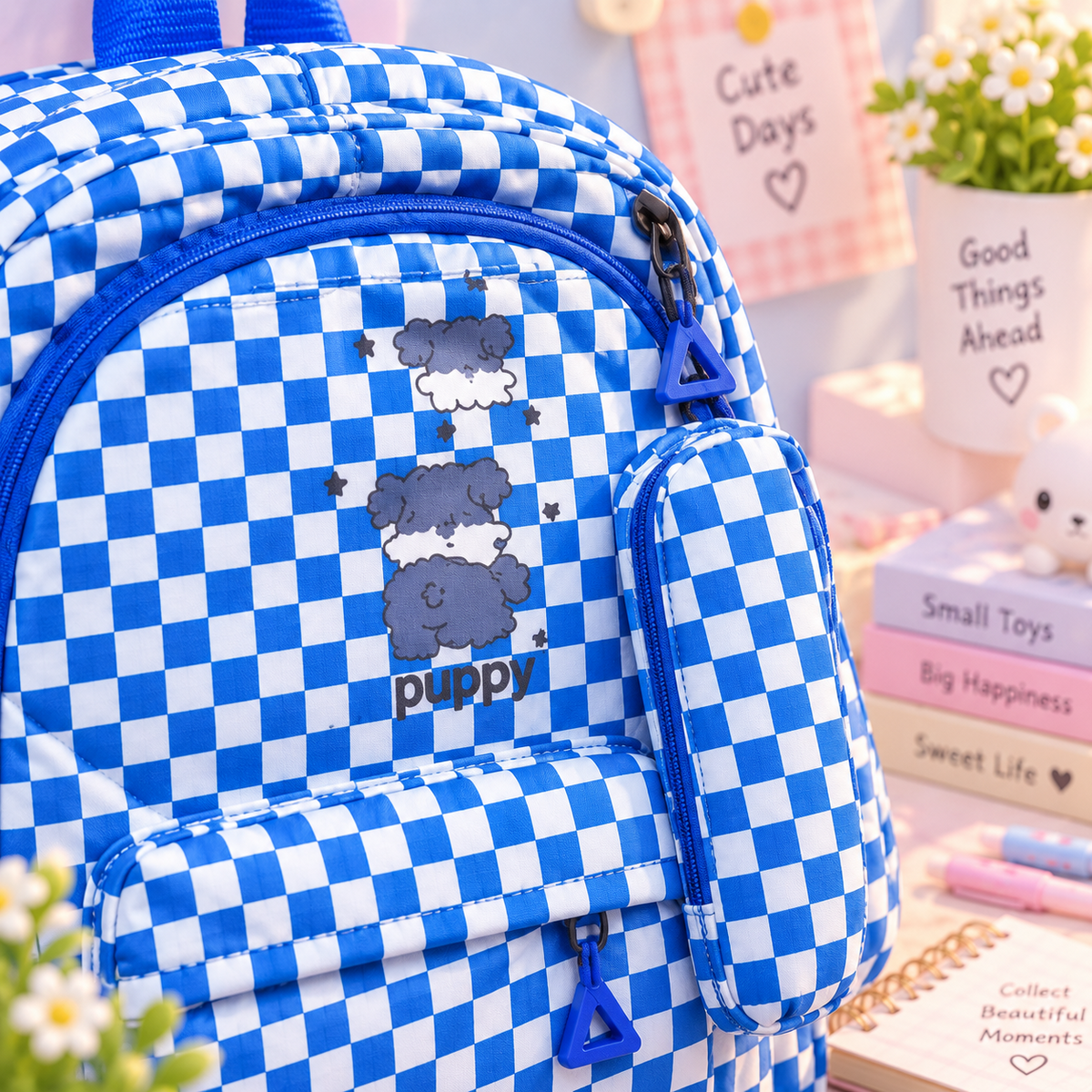 Kawaii blue and white checkered puppy backpack detail