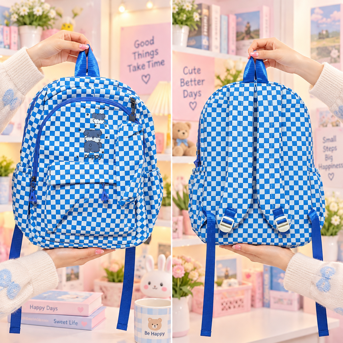 Kawaii blue and white checkered puppy backpack front and back