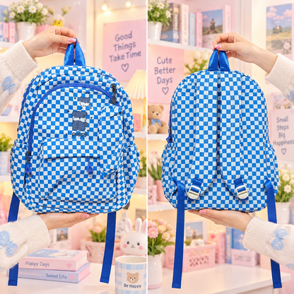 Kawaii blue and white checkered puppy backpack front and back