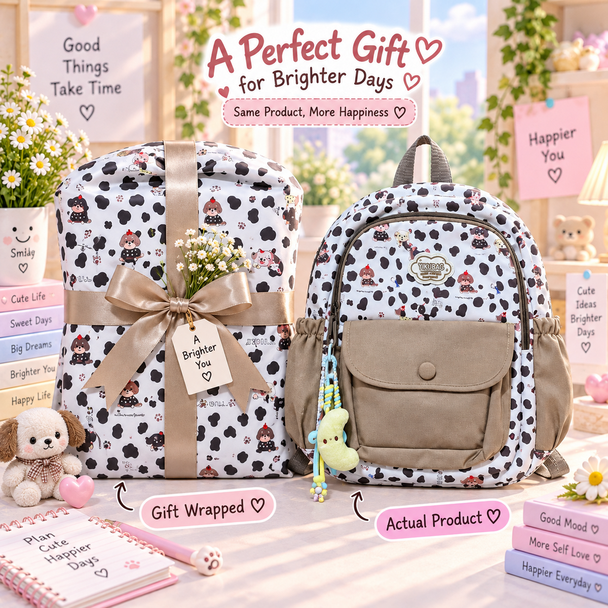 Kawaii cow print backpack premium gift packaging