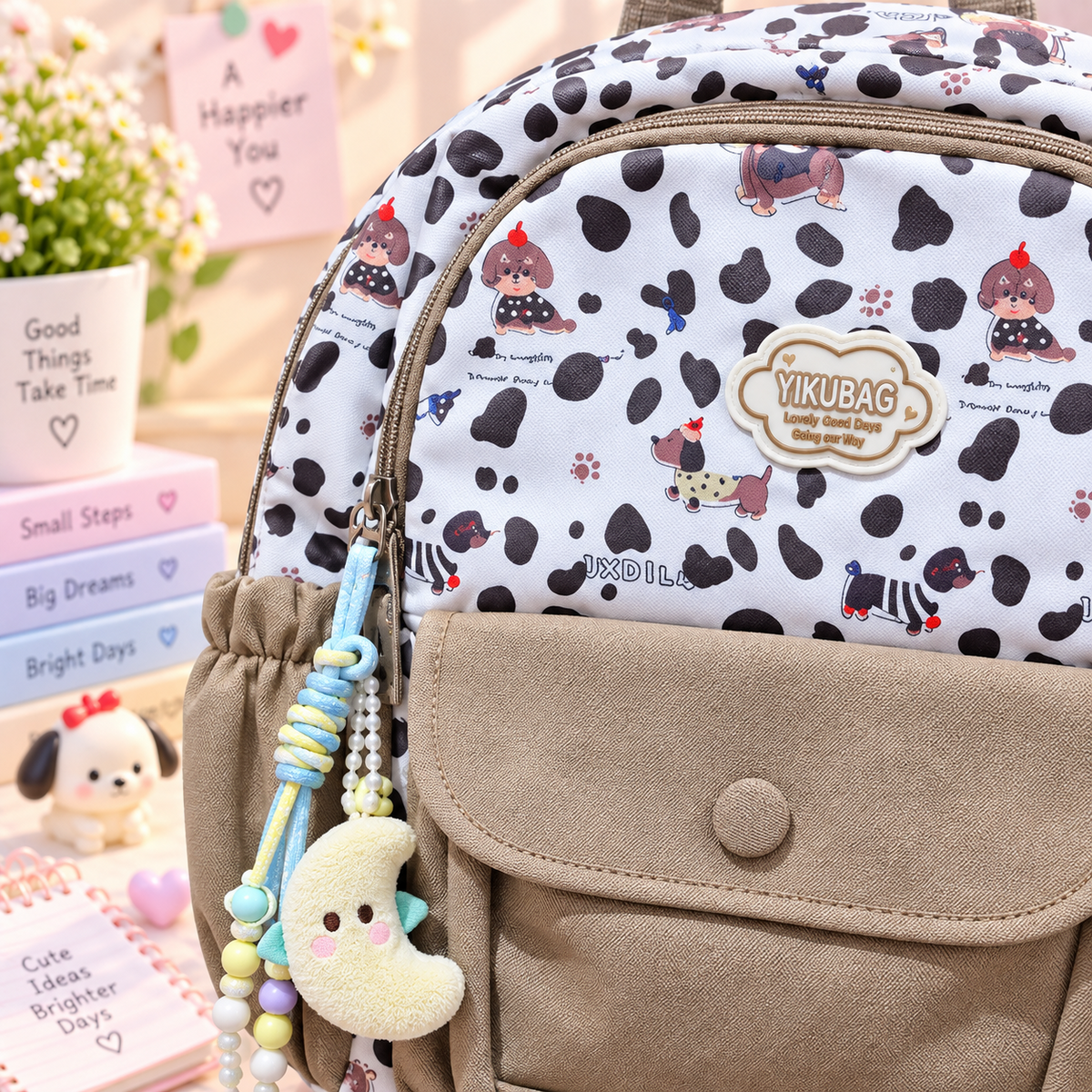 Kawaii cow print backpack close-up