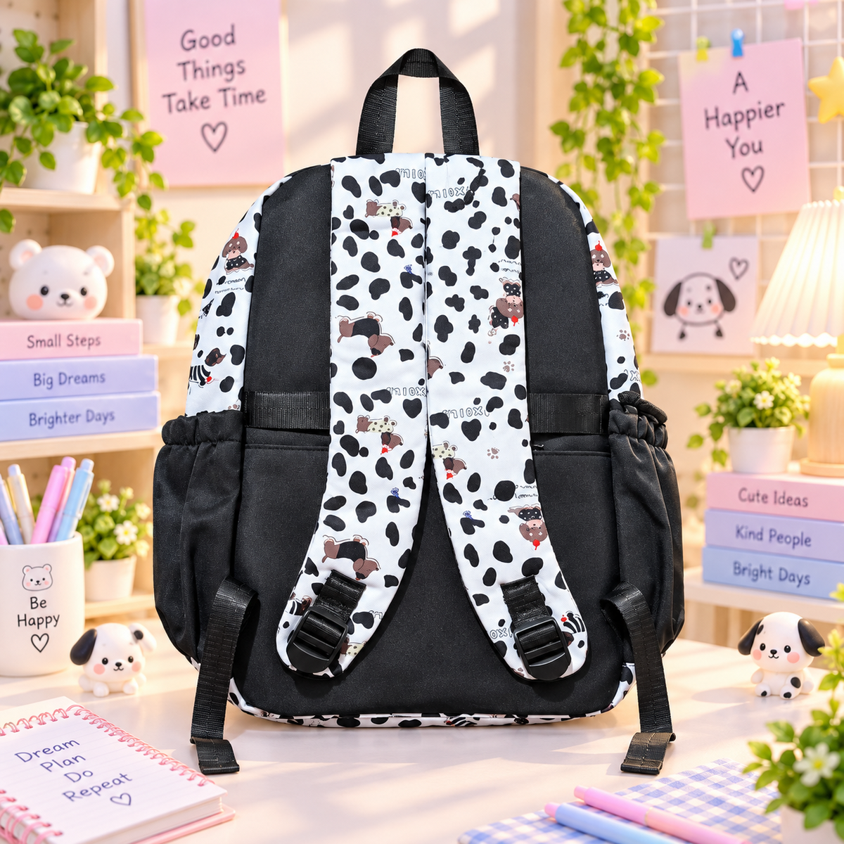 Kawaii blue checkerboard puppy backpack alternate back view