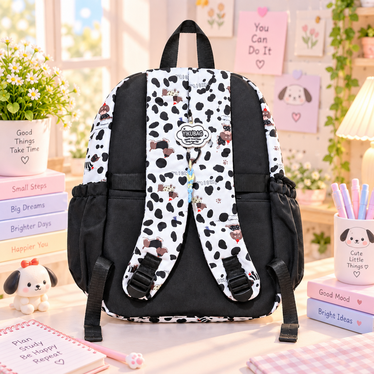 Kawaii blue checkerboard puppy backpack back view