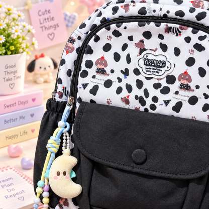 Kawaii blue checkerboard puppy backpack detail