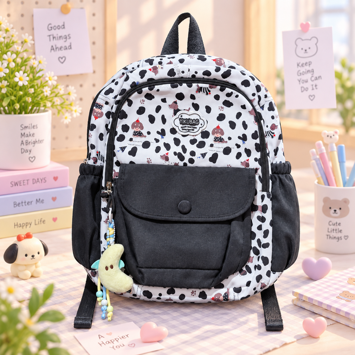 Kawaii blue checkerboard puppy backpack main product image