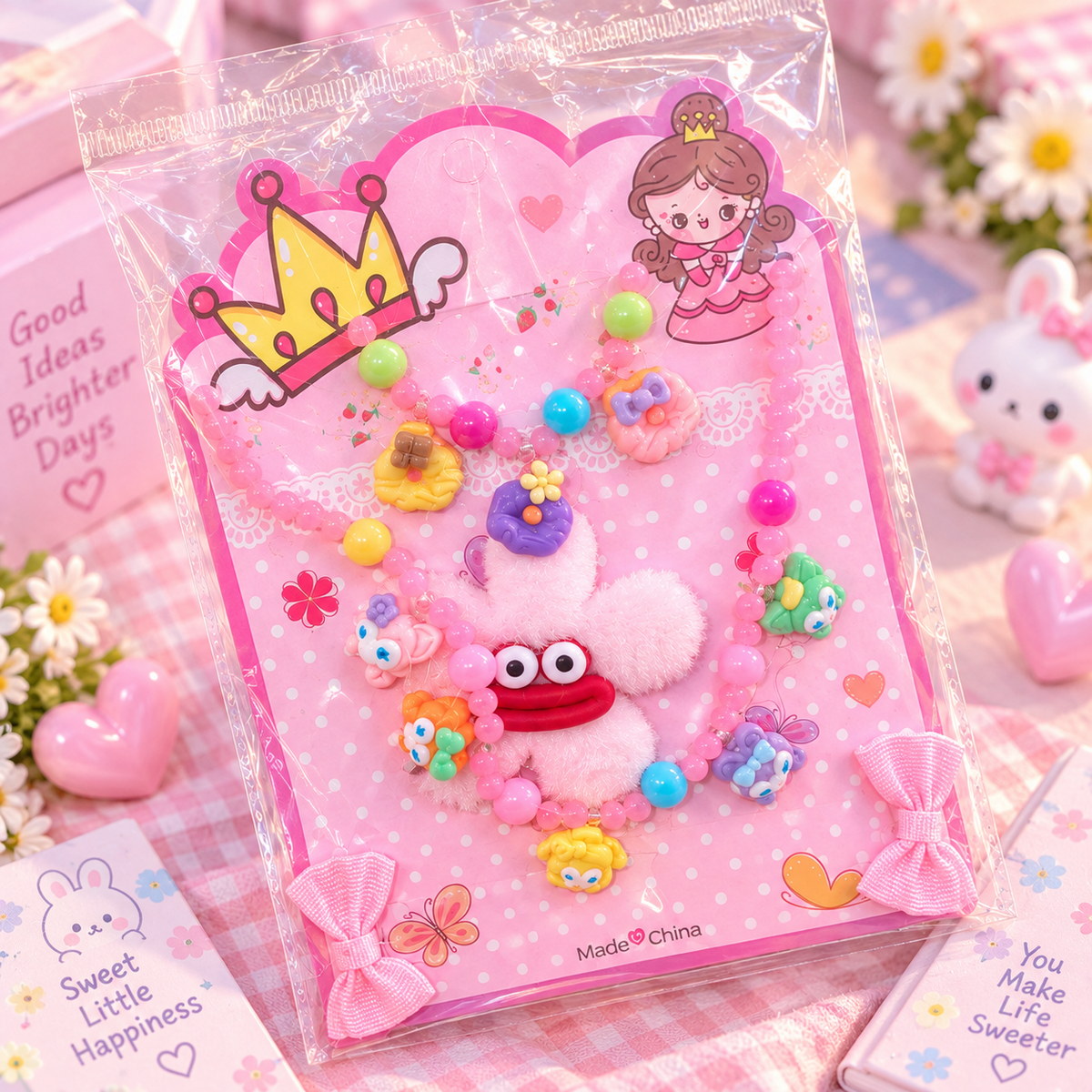 Close-up of colorful kids beaded jewellery set with cute charms