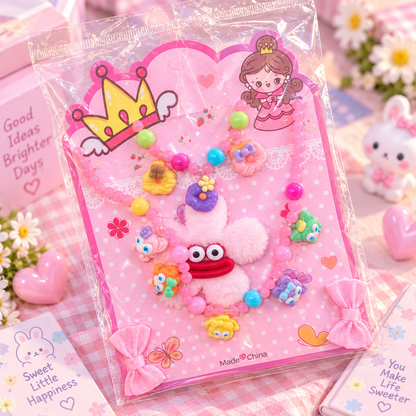 Close-up of colorful kids beaded jewellery set with cute charms
