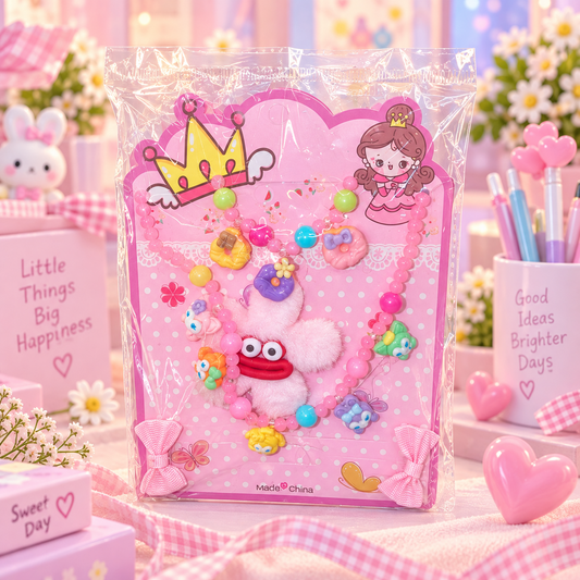 Cute kids beaded necklace set displayed in pink packaging