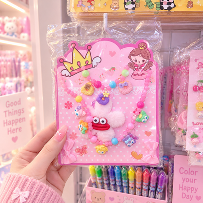 Cute pink kids beaded jewellery set with character plush and colorful charms