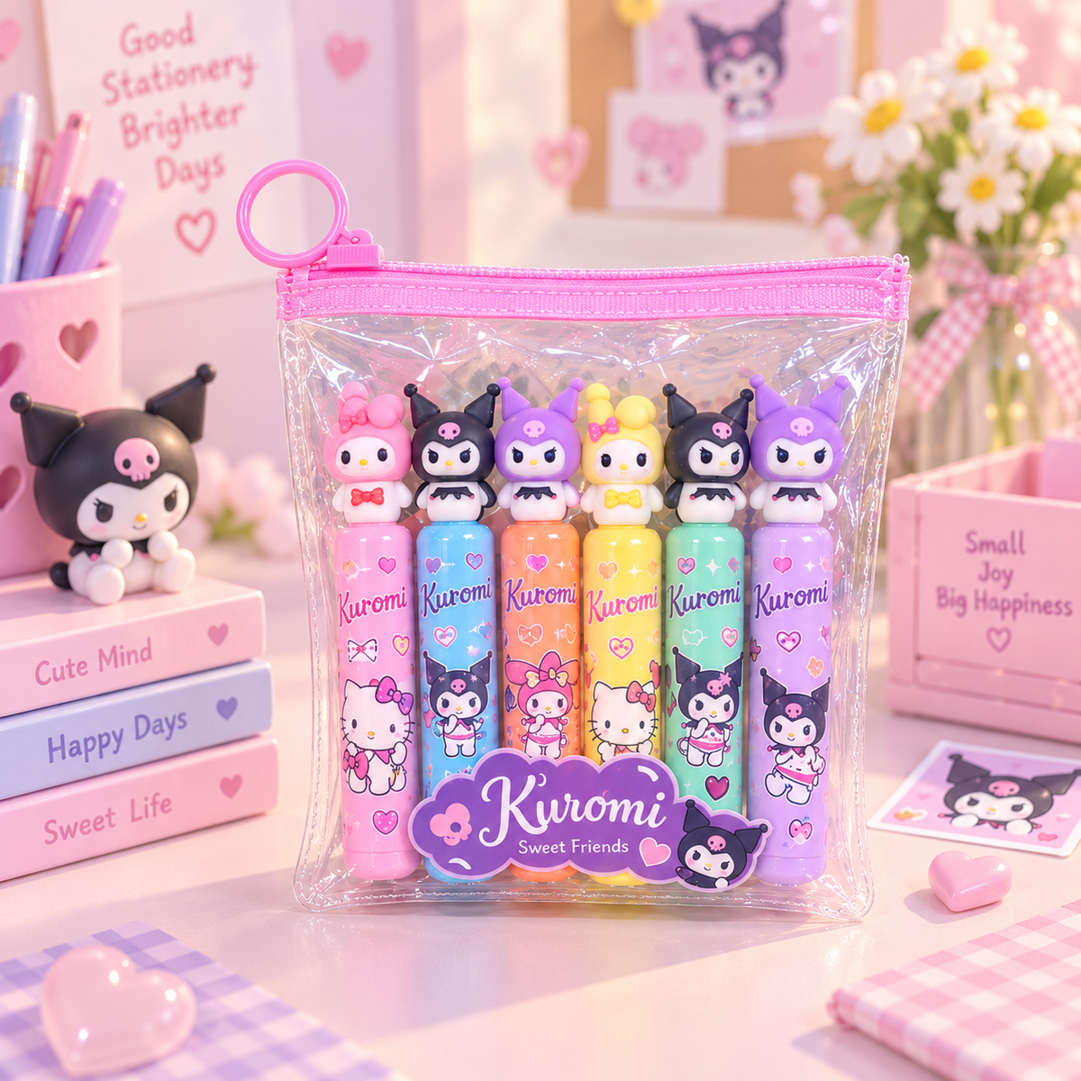 Kuromi 6 piece character stationery pen set