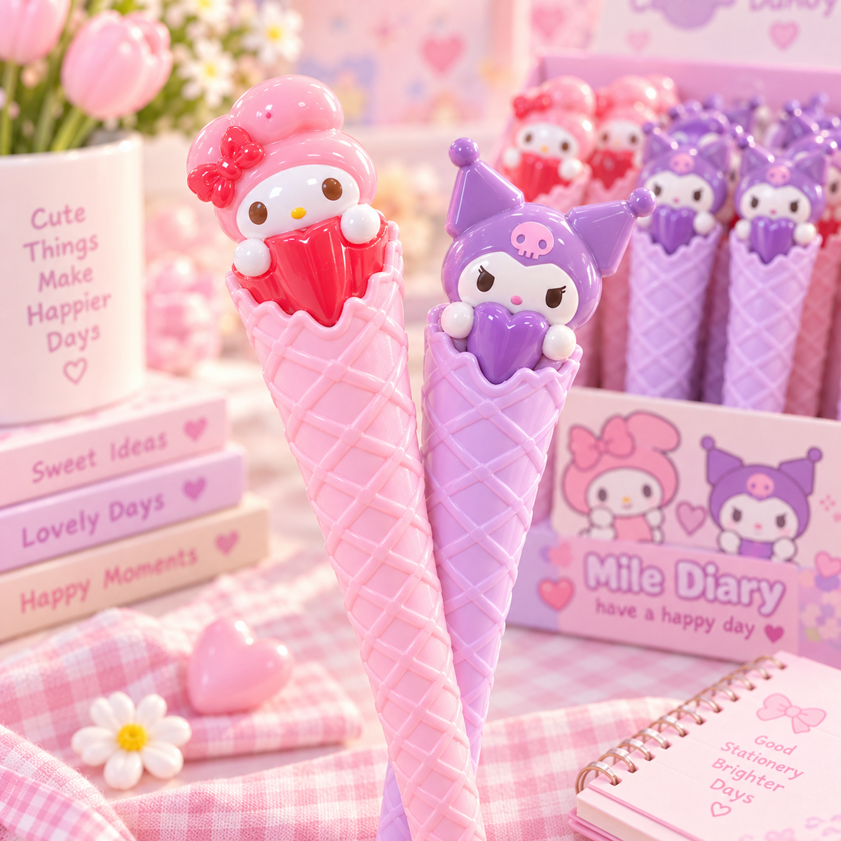 My Melody and Kuromi ice cream cone pens kawaii stationery display