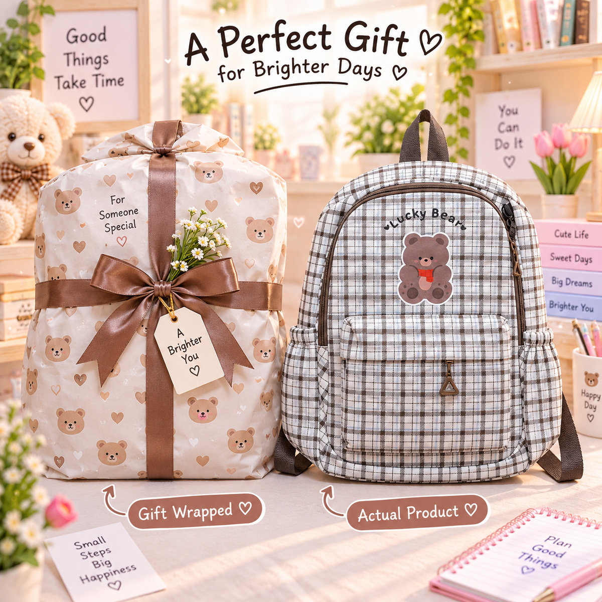 Kawaii Lucky Bear plaid backpack gift packaging