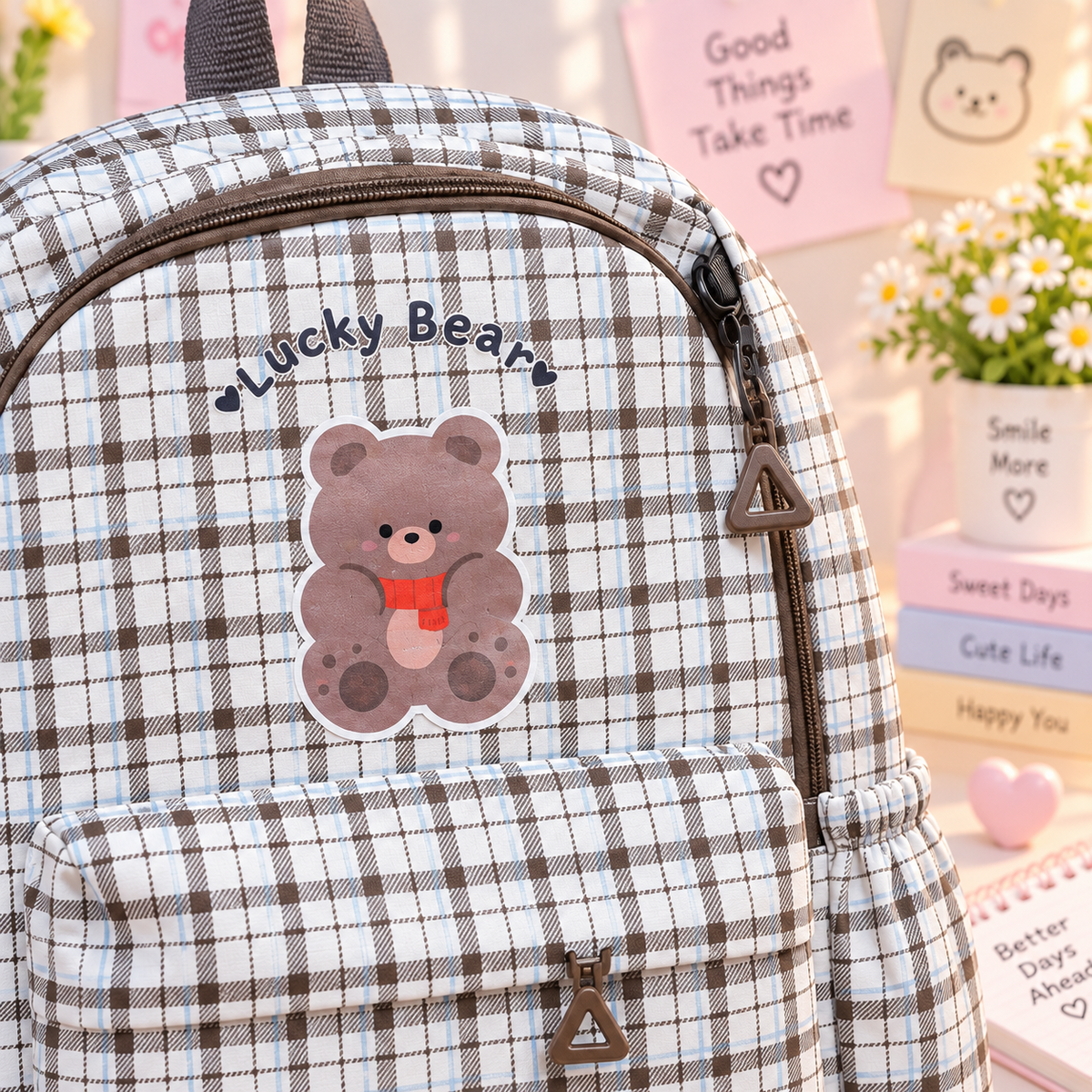 Lucky Bear plaid backpack detail