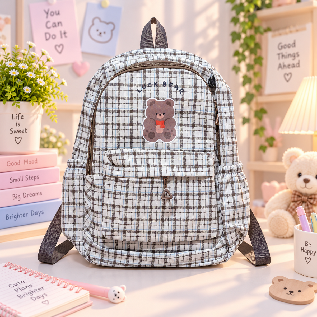 Lucky Bear plaid backpack front view