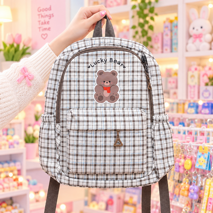 Lucky Bear plaid backpack lifestyle view