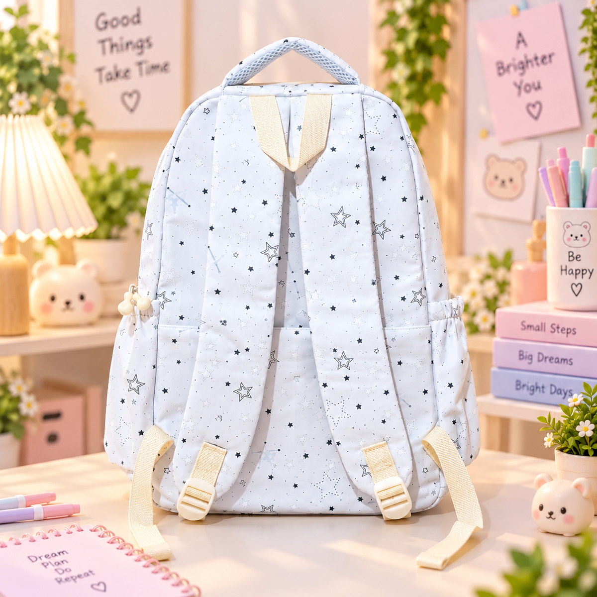 Kawaii light blue star backpack back view