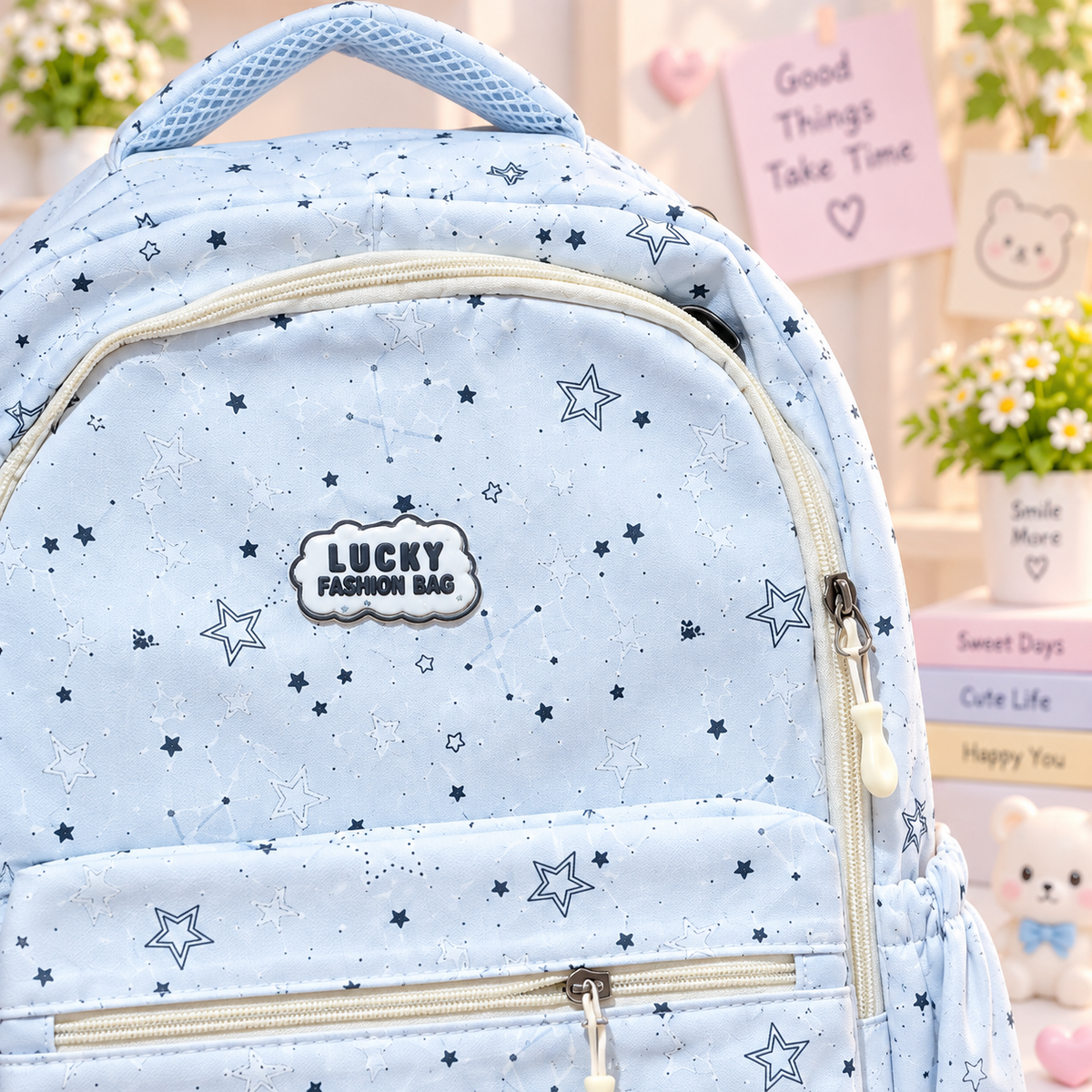 Kawaii light blue star backpack detail view