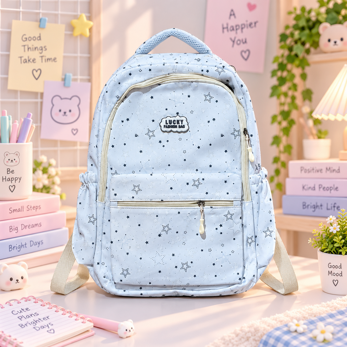 Kawaii light blue star backpack product view