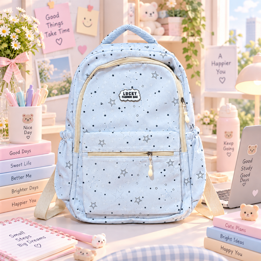 Kawaii light blue star backpack front view