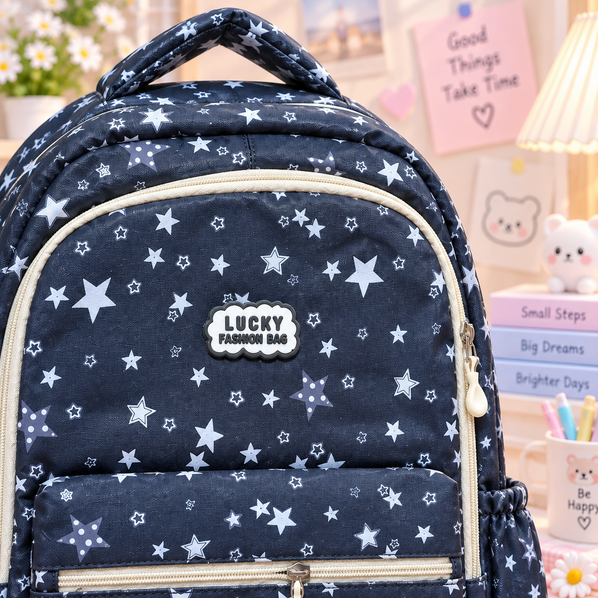 Kawaii navy star backpack detail view
