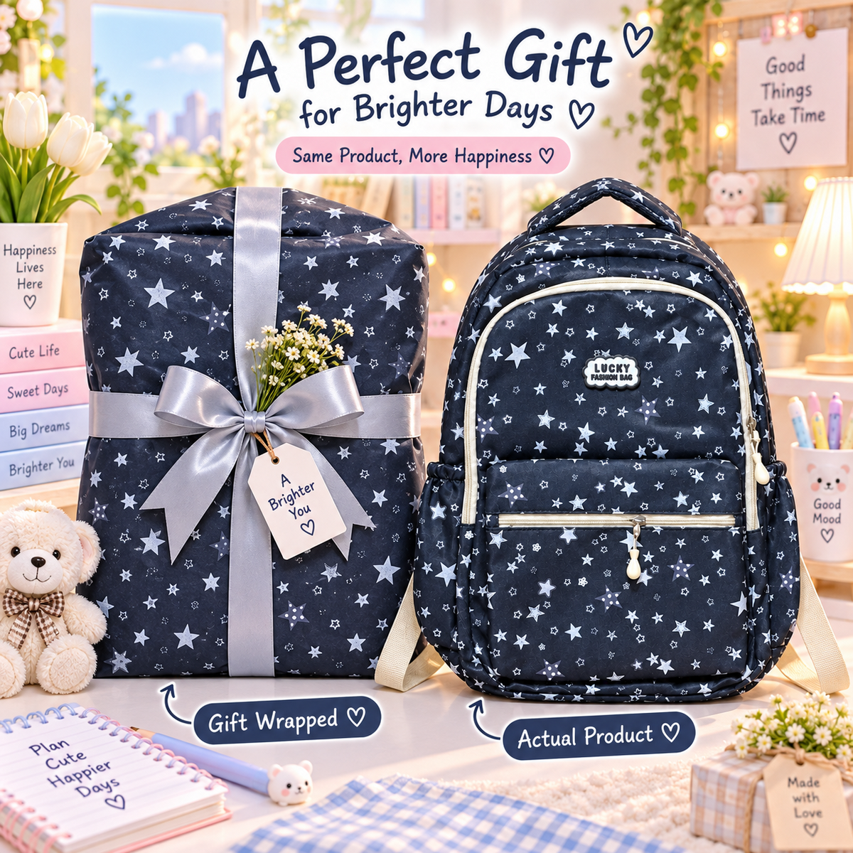 Kawaii navy star backpack front view