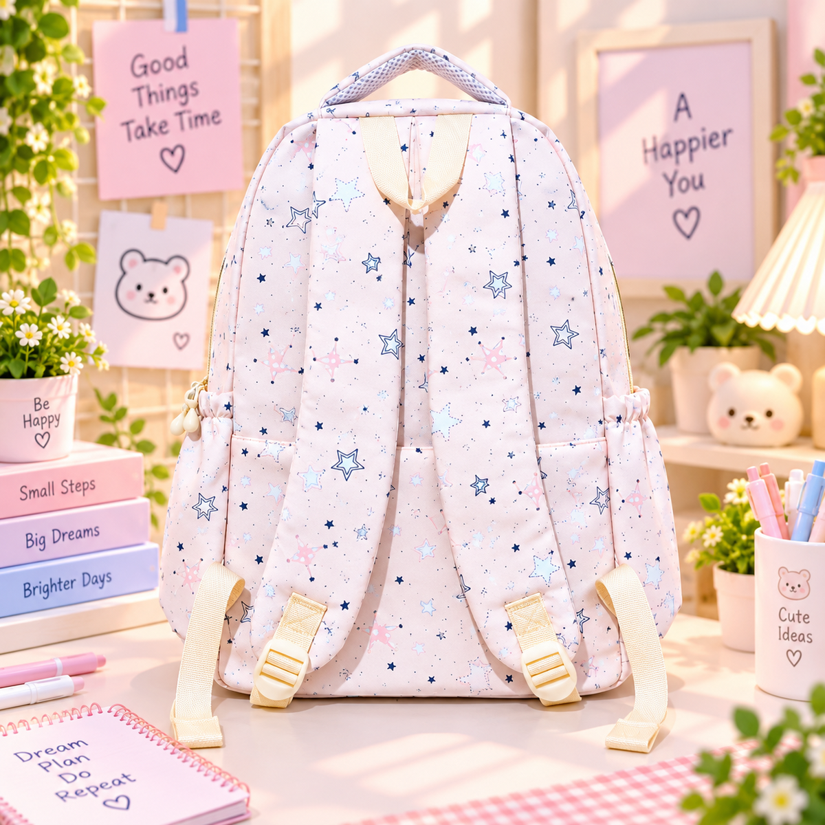 Kawaii pink star backpack back view