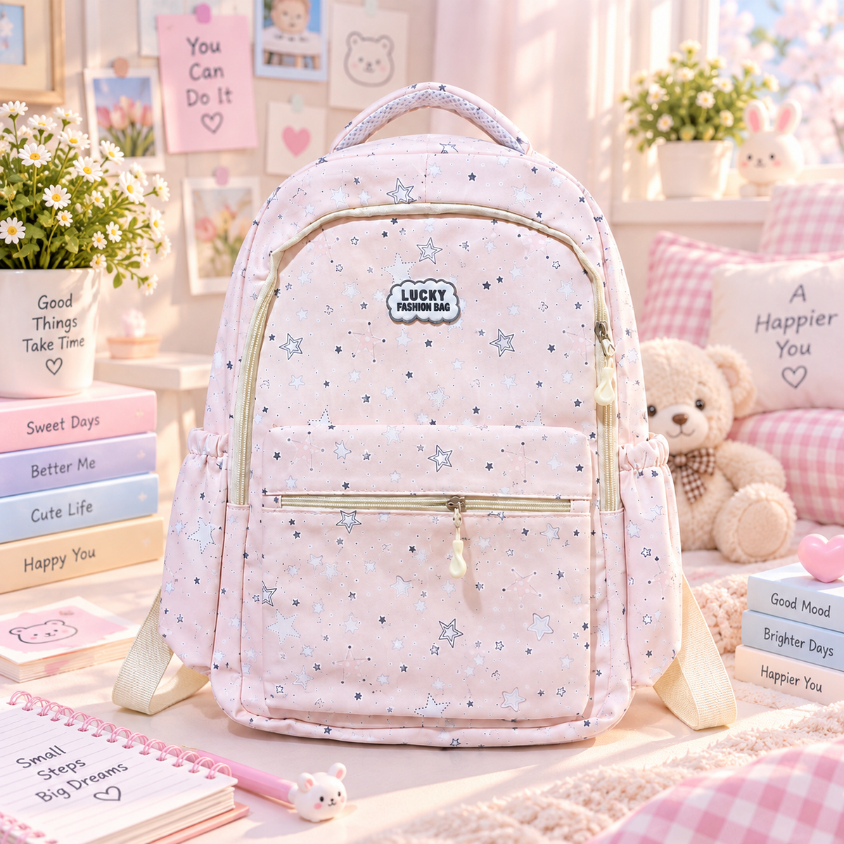 Kawaii pink star backpack front view