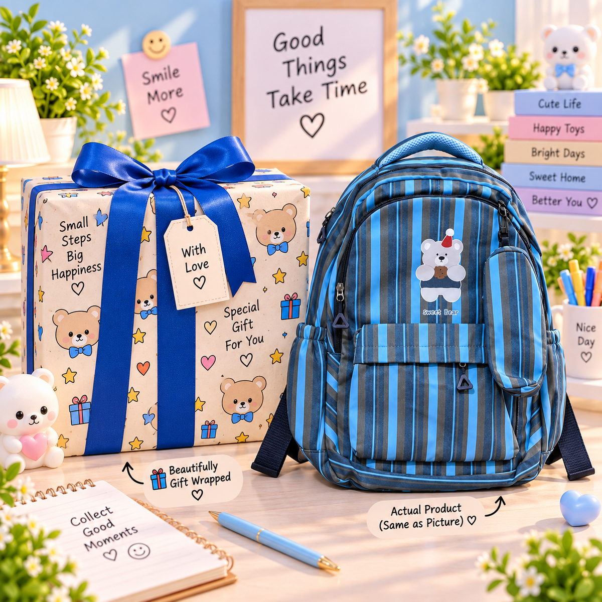 Kawaii Sweet Bear blue stripe backpack gift packaging