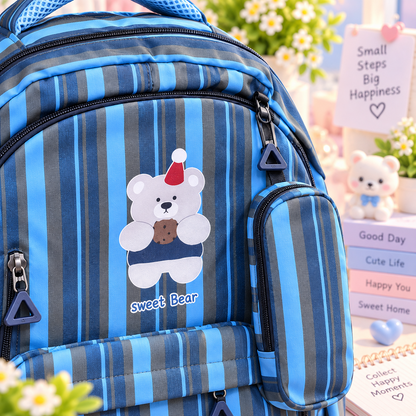 Sweet Bear blue stripe backpack detail