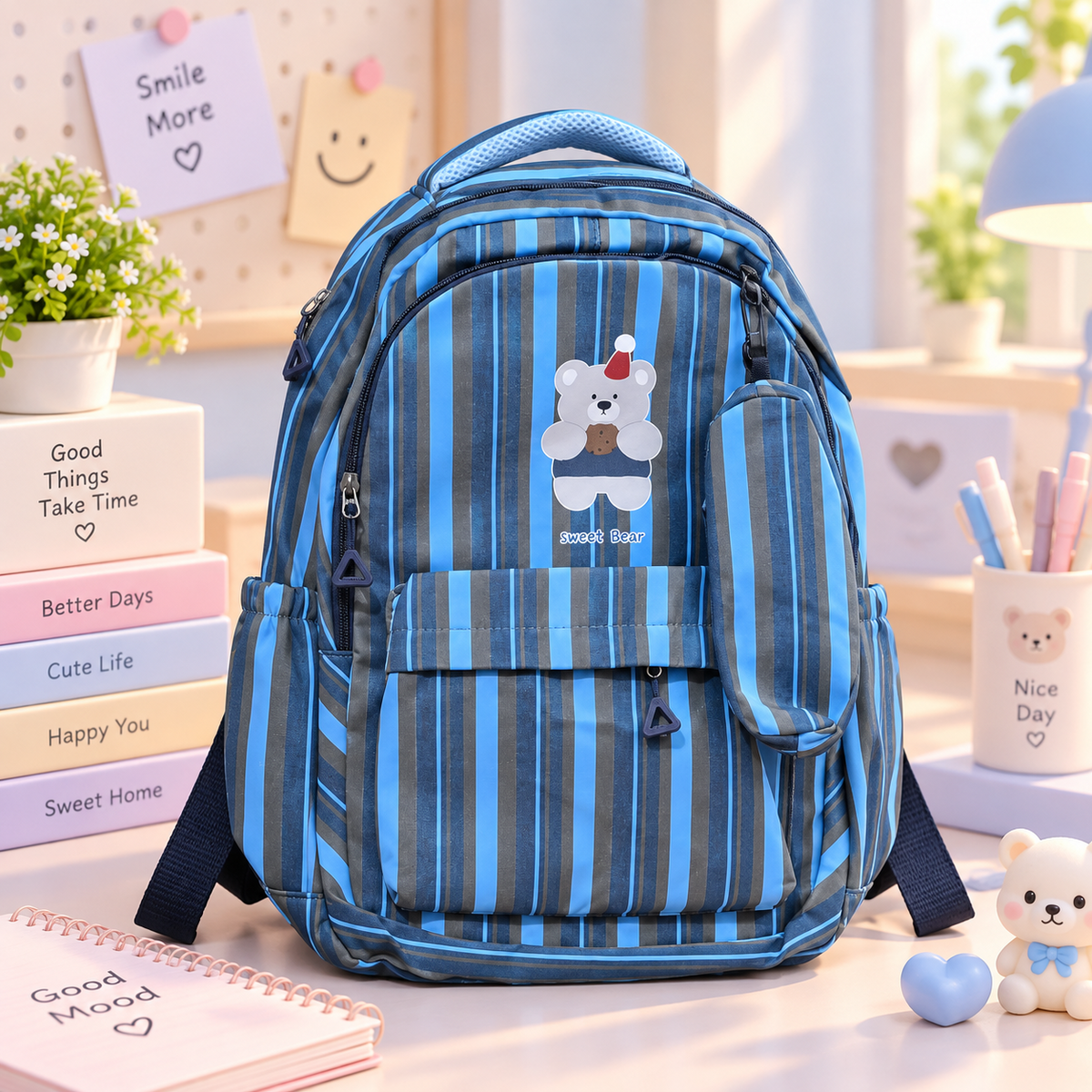 Sweet Bear blue stripe backpack lifestyle view
